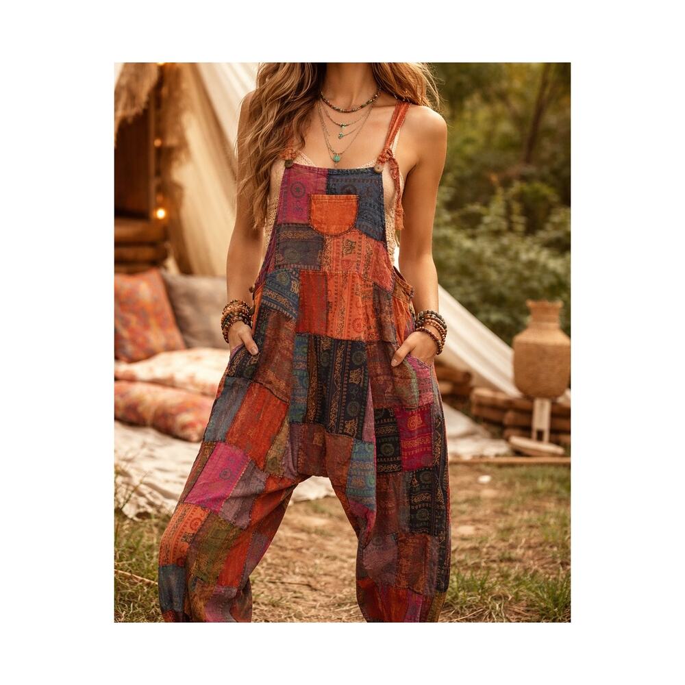 Patchwork Bohemian Overalls Drop Crotch Harem 0S … - image 1